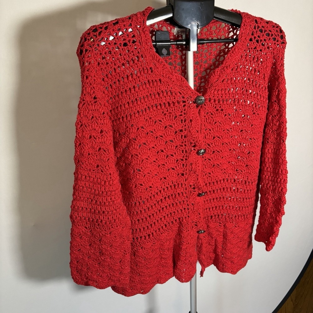 VTG 1X Red Crochet Open Knit 3/4 Sleeve Cottage Cardigan Button Grandma 90s Y2K - Picture 3 of 15